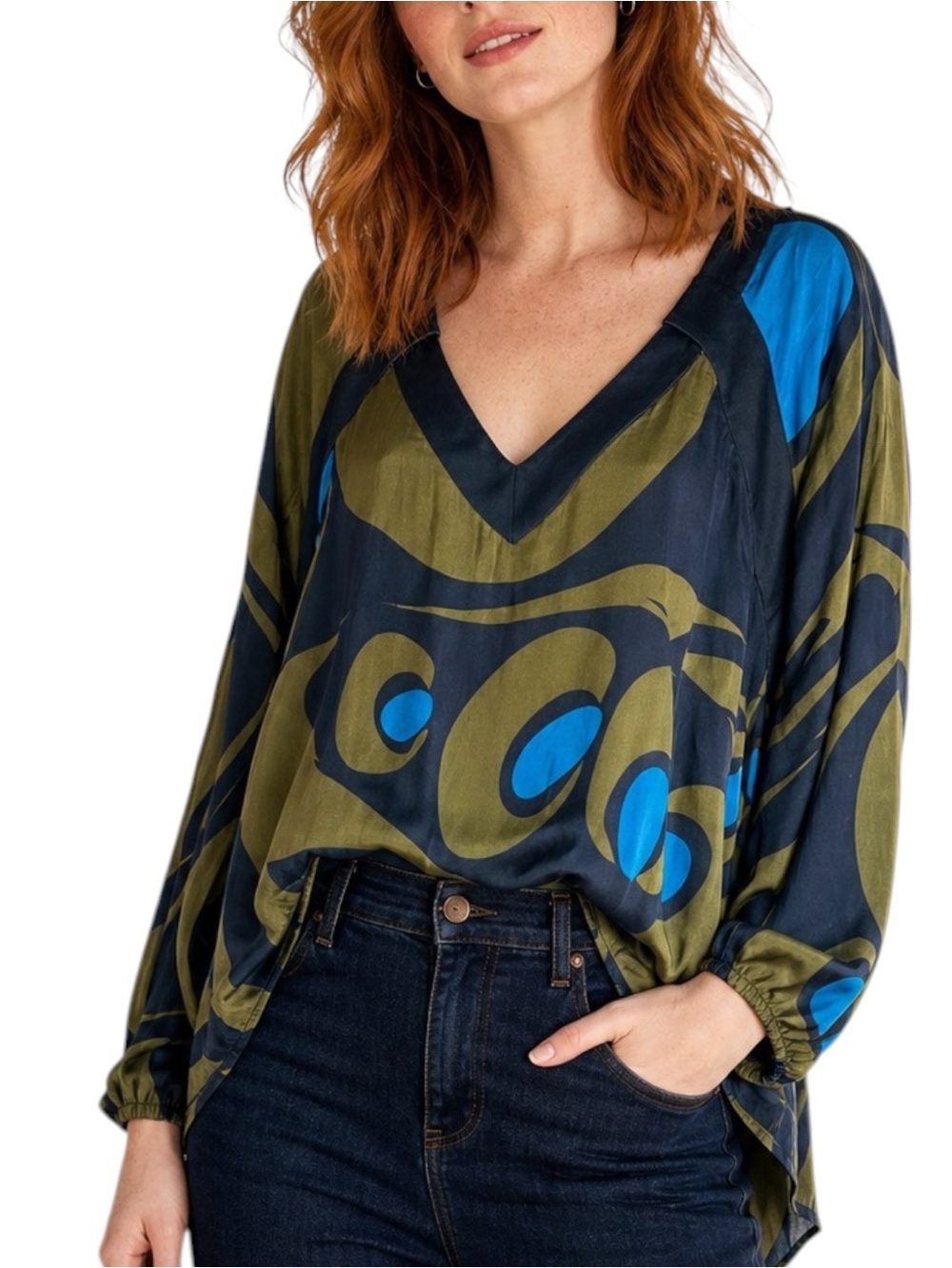 Diane Von Furstenberg Green Blue V Neck Relaxed Fit Silk Abstract Top With Flaw